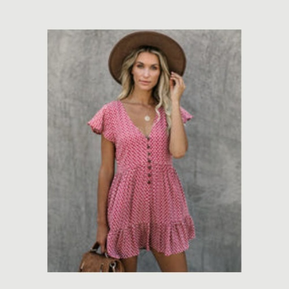 VICI Skylar + Madison Red & White Floral Button Down Babydoll Dress (Small)